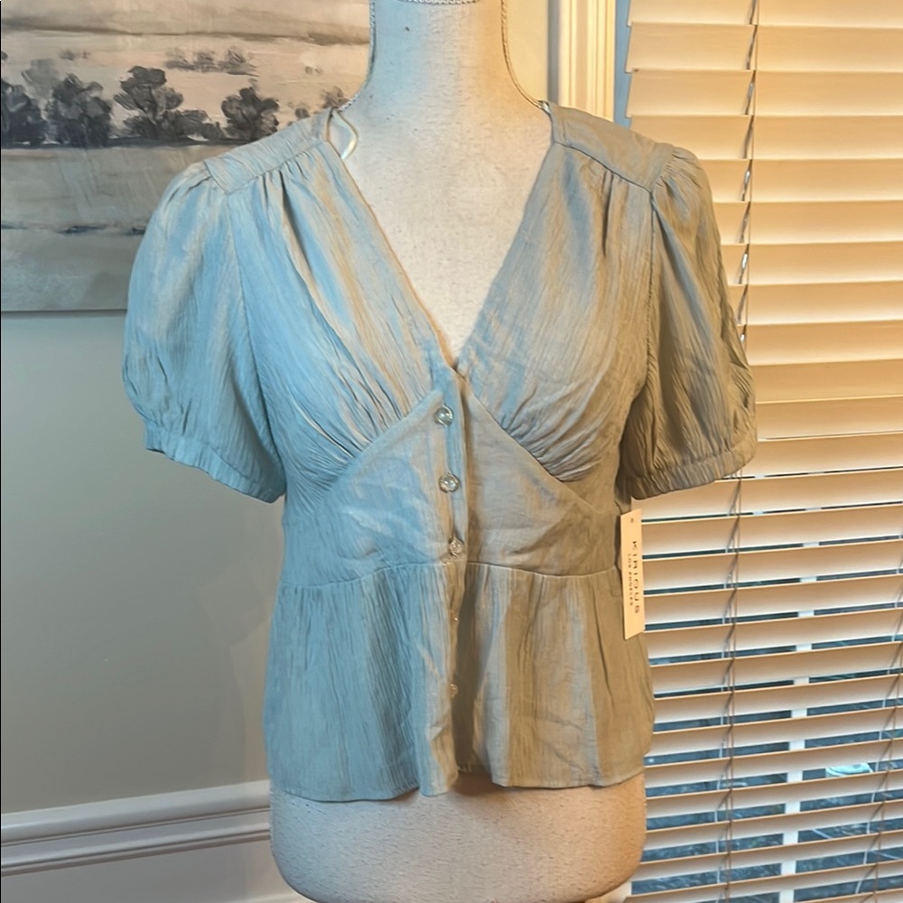 Light Blue Puff-Sleeve V-Neck Peplum Blouse